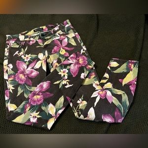 Guess Floral Skinny Jeans in Black with Purple and Green Print